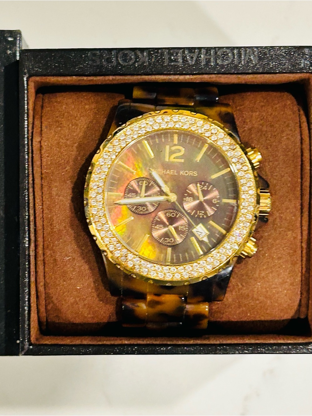 Michael Kors Tortoiseshell and Gold Crystal-Accented Men's Watch